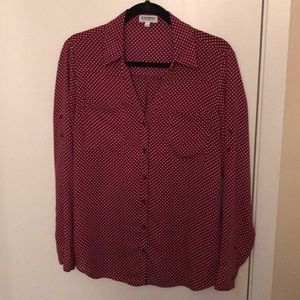 Red and white polka dot button down